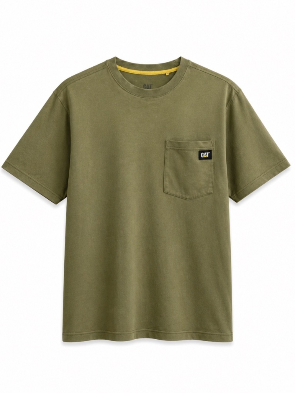 CAT Olive Green Cotton T-Shirt with Pocket & Logo – Size Small *Flaw